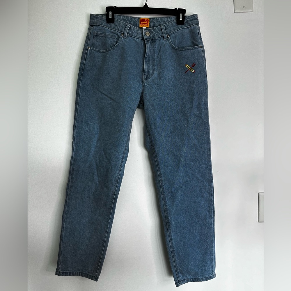 Denim Jeans Size L with fun patches on the back and front!!